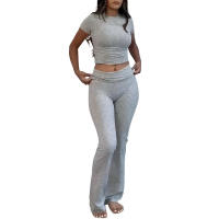 Jersey de cuello redondo, camiseta de manga corta, cintura alta, pantalones acampanados de yoga informales, conjunto deportivo - details 10