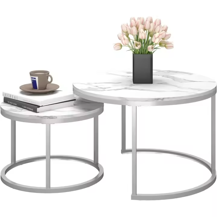Redondas de mármol Gris Oscuro con Estructura de Metal Negro, Mesa Auxiliar Redonda para salón, - 1