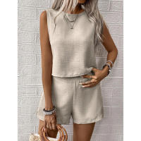 Conjunto casual de dos piezas para mujer, camiseta sin mangas de lino y algodón sólido de color y pantalones cortos. - details 5