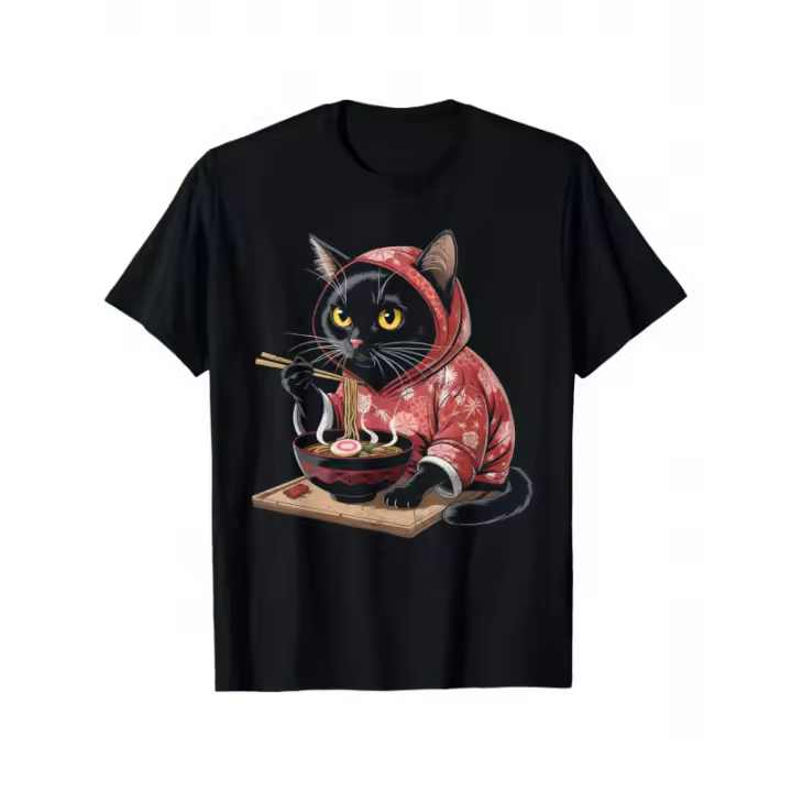 Camiseta retro de anime con diseño de gato negro y fideos ramen, unisex, de algodón, informal, de cuello redondo y manga corta para exteriores, 100% algodón, tallas S-XXXL. - 1