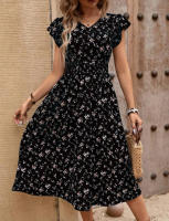 Vestido estampado de verano 2025, nuevo, elegante, para mujer, con cuello en V, lazo en la cintura y mangas con volantes. - details 2