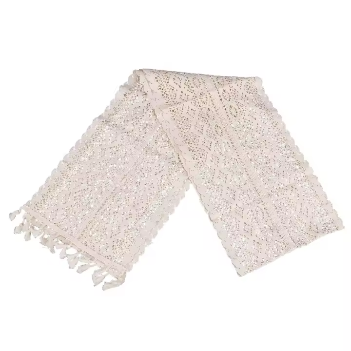 Camino de mesa de macramé de encaje de ganchillo crema elegante con borlas para decoración rústica de boda y Decoración de mesa de granja - 1