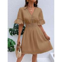 Vestido de verano para mujer, nuevo estilo, con costuras, escote en V y cintura de color liso. - details 20