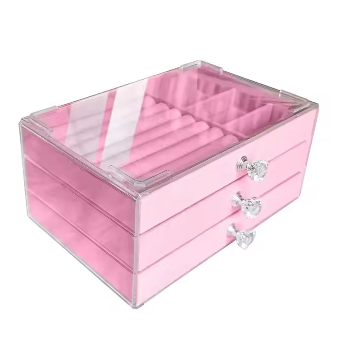 Organizador de Joyería de Terciopelo Acrílico con 3 Cajones Exhibición Apilable de Pendientes Collares Pulseras Estuche de Almacenamiento para Mujeres - 1