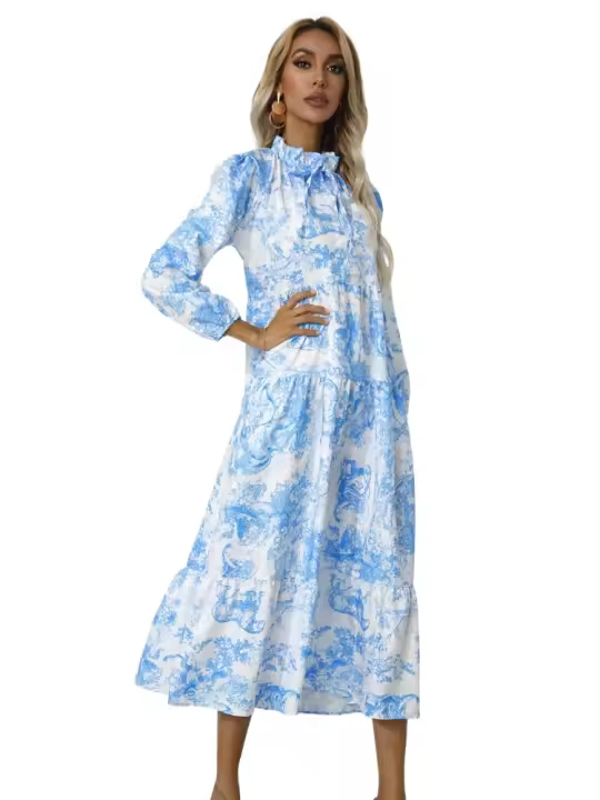 Vestidos elegantes y bonitos estampados para mujer, vestido suelto de manga larga con cuello redondo, nueva promoción - 1