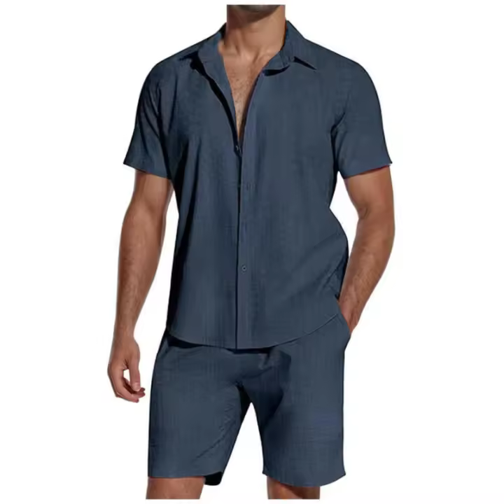 Traje de verano para hombre, conjunto de 2 piezas, camisa de manga corta y pantalones cortos, traje de playa - 1