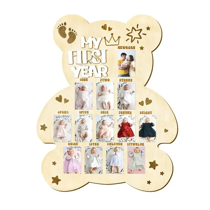 Marco de fotos de madera para bebé, marco de fotos colgante con forma de oso/huevo/puerta, tablero de fotos para exhibición del primer año, Color DIY, 12 meses - 1
