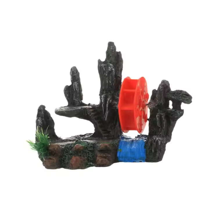 Estatua única de rueda de agua, estatua de montaña de roca, artesanía de resina, adorno de cueva de piedra realista, refugio de camarones y peces hecho a mano - 1