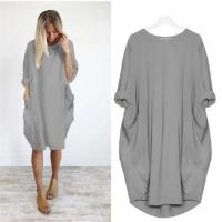 2025 nuevo vestido suelto Casual para mujer con bolsillo moda para mujer vestido sólido cuello redondo Camisetas largas camiseta ropa de calle de talla grande - details 2