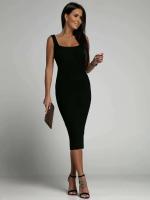 Vestido Bodycon de Moda Verano Cuello Cuadrado Kintted de Lino Khaki Vestido Mid de Moda para Mujeres Estilo Casual y Adelgazado - details 12