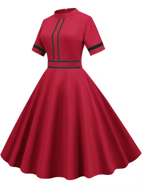 Vestido de fiesta midi vintage con cuello alto y manga corta elegante de verano liso para mujer - 1