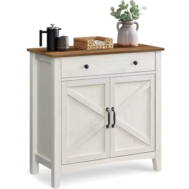 Aparador, Armario de Almacenaje con Cajón, Armario de Cocina con Puertas y Estante Regulable, Estilo Campo, para Salón, Comedor, 40 x 80 x 80 cm, Blanco Rústico y Marrón Miel - 1