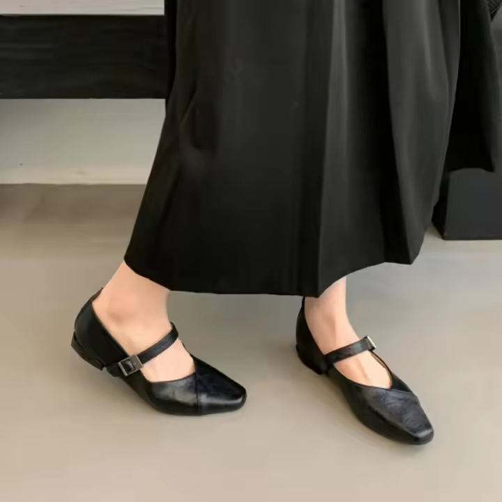 Zapatos Mary Jane retro franceses con hebilla de una palabra, boca ligera, punta cuadrada, tacón grueso, zapatos pequeños de cuero. - 1