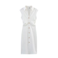 TRAFZA elegante vestido de oficina para mujer ajustado por debajo de la rodilla liso sin mangas con cintura de un solo pecho diseño plisado solapa vestido de verano para mujer - details 3