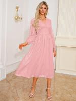 Vestido largo de manga larga con cuello en V para mujer, vestido elegante de corte en A, Color liso Vintage, estético, nuevo en oferta - details 3