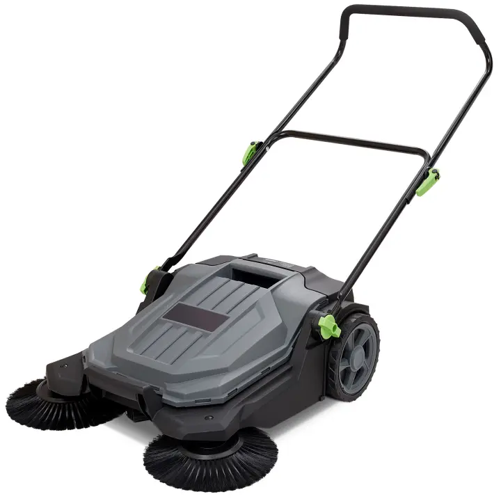 SucceBuy Barredora de piso con operador a pie, barredora manual de 25,6 pulgadas, contenedor de residuos de 5 galones, mango plegable ajustable para patio, garaje - 1