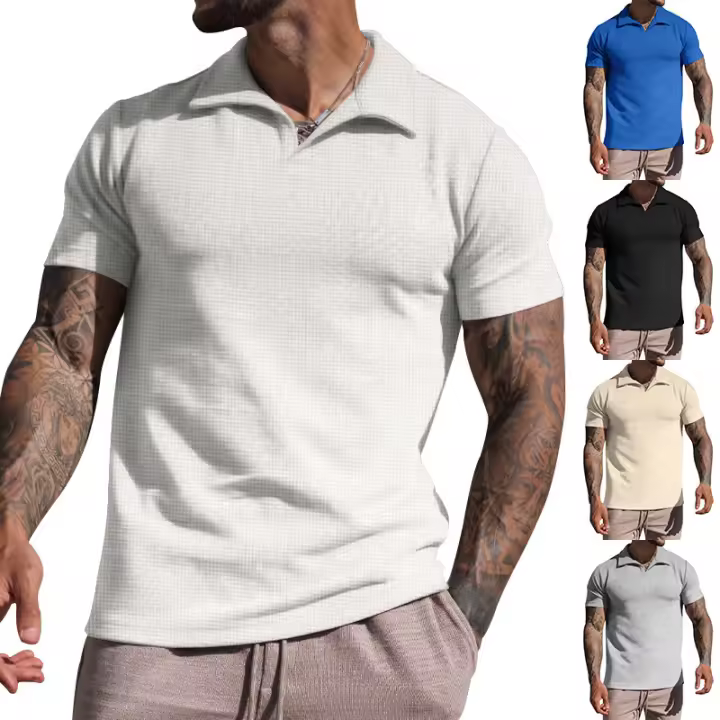 Camiseta de Verano para Hombre Polo Informal con Cuello en V Manga Corta Suelta con Gofres Gruesos - 1