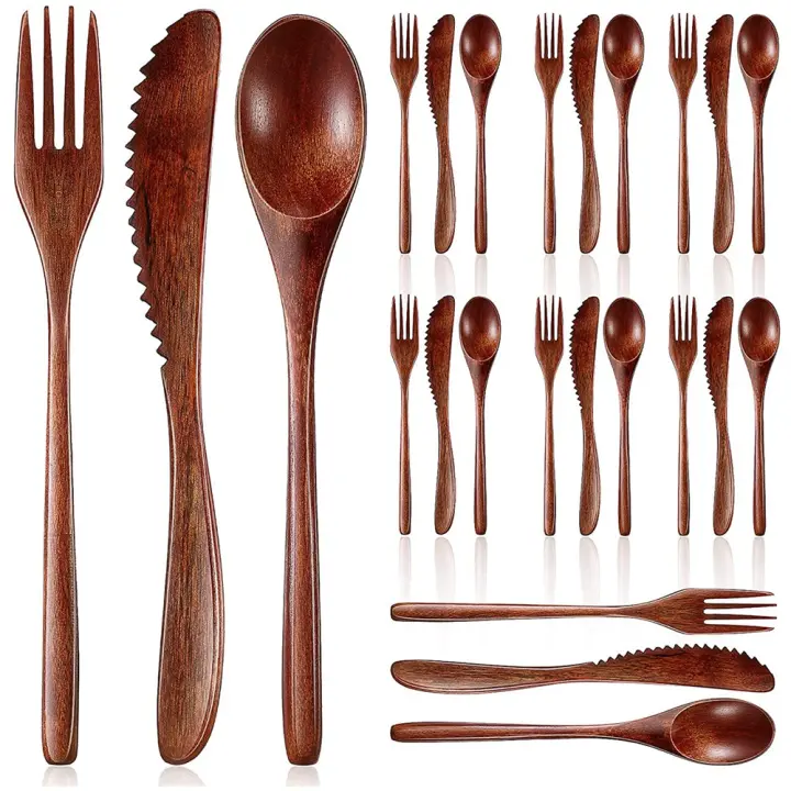 Juego de cubiertos de madera, cuchara, tenedor, cuchillo, vajilla de cocina, 24 piezas - 1