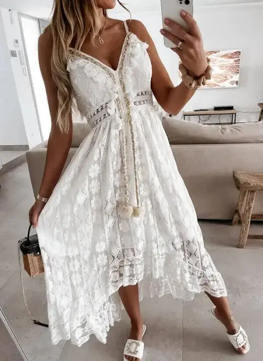 BUNO-Sin mangas, cuello en V, borlas fruncidas, vestido largo con volantes y fruncido con cordones para mujer - 1