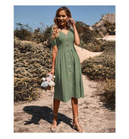 Vestido de verano de longitud media para mujer, vestido de color liso con cuello en V y manga corta - details 16