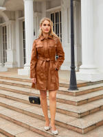 Gabardina cortavientos de piel sintética para mujer, chaquetas con cinturón, abrigo largo medio - details 20