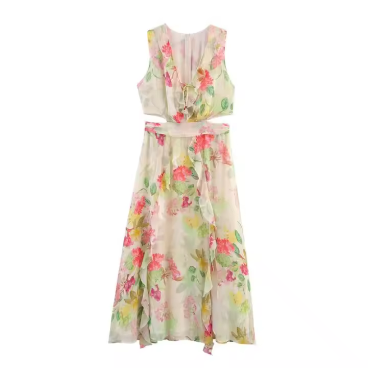BUNO-novedad de verano, ropa de mujer, moda francesa, temperamento, dulce diseño de apertura, vestido estampado con cuello en V de flores - 1