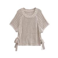 2025 suéter de punto para mujer con tirantes laterales, cuello redondo, manga corta, jerséis femeninos, Tops elegantes, moda - details 1