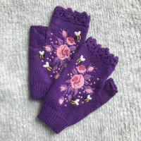 Guantes de punto para mujer, manecillas bordadas de lana cálida con medio dedo, para otoño e invierno, 2024 - details 3