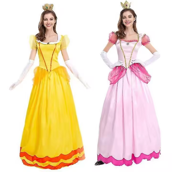 Disfraz de Super Mario Peach para mujer, vestido de princesa rosa + guantes + tocado, conjunto de trajes, traje de fiesta de Carnaval - 1