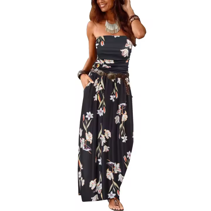 2024 nuevo vestido largo plisado suelto informal sin mangas con hombros descubiertos y bolsillos para mujer - 1