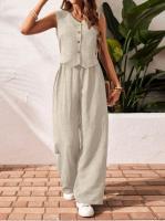 Conjunto de Lino para Mujer Verano 2025 Chaleco Abotonado con Cuello V y Pantalón Ancho - details 12