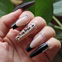 Set De Uñas Postizas Largas En Forma De Cofrinha Con Diseño De Leopardo Y Joyas 24pcs Negro Estilo Francesa Para Dedos - details 0