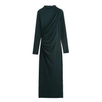 Vestido de cuello redondo para mujer, minivestido plisado de manga larga con espalda, color sólido, nable, para otoño - details 4
