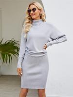 Vestido largo de punto para mujer, prenda ajustada con cuello de tortuga, manga de murciélago, falda por encima de la rodilla, Color liso, novedad de 2023 - details 3