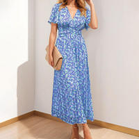Vestido Elegante con Estampado Pastoral y Cuello en V para Mujer, Estilo Nuevo 2025, Ajustado a la Cintura - details 12