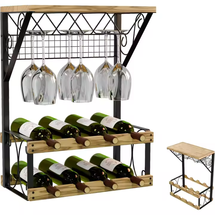 Vinoteca Rústica-Industrial PortaVinos con Estante de Madera Ideal para Amantes del Vino y Hogares Pequeños - 1