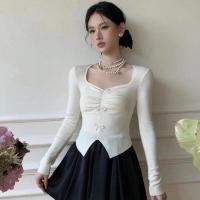 Suéter de punto con lazo de estilo francés para mujer, jersey de manga larga con pliegues, ajustado, dividido, Tops de moda - details 2