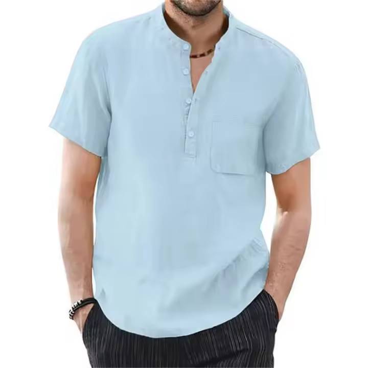 Camiseta de manga corta para hombre, camisetas informales de algodón y lino para hombre, camisa de verano de Color sólido, cómoda y transpirable - 1