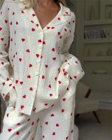 Novedad de verano, conjunto de manga larga 100% algodón con estampado de corazón de amor, pijama con botones para mujer con cuello TRE de 2 piezas, pijamas - details 16