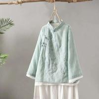 Algodón en mujer blusa estilo bordado wer patrón nudo botón cuello alto A e camisa china - details 6