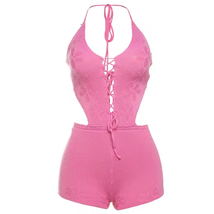 BUNO-Pelele con espalda descubierta de ganchillo para mujer, pelele Sexy con cuello Halter y fruncido, ajustado, elástico, Hipster, para entrenamiento - 1
