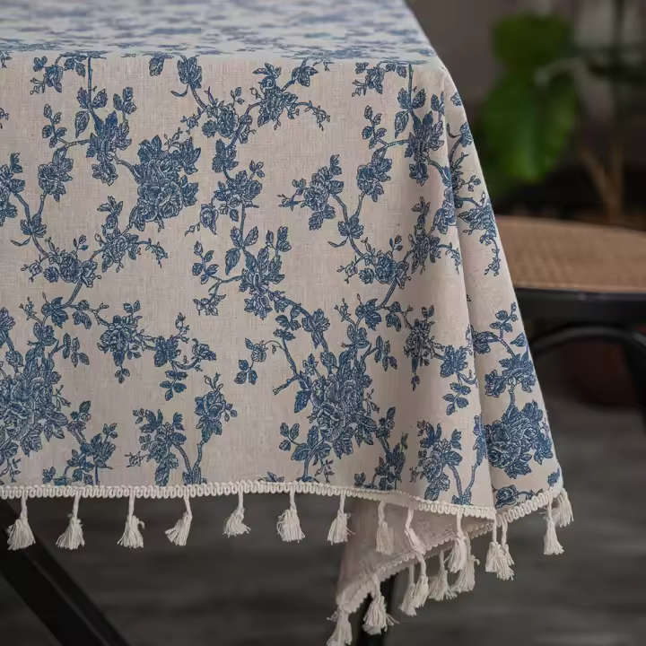 Mantel Cuadrado Retro Azul y Blanco Tela de Lino Sintético Lavable para Buffet Cocina - 1