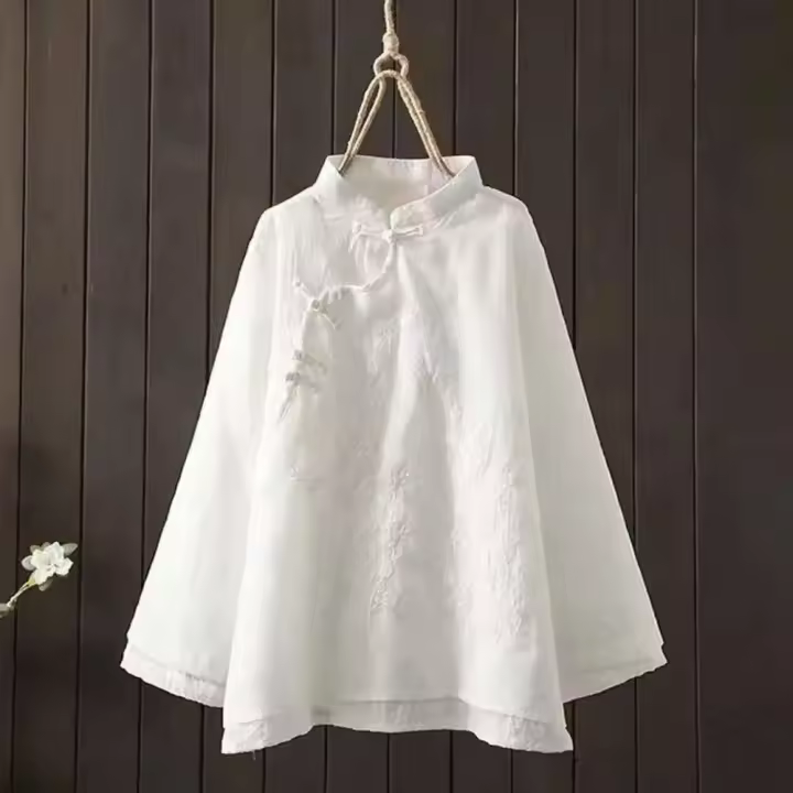 Algodón en mujer blusa estilo bordado wer patrón nudo botón cuello alto A e camisa china - 1