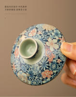 Ru kiln juego de kung fu de cerámica cubierto de tres piezas de peonía dorada de filigrana azul y blanca, juego de tazas de té de cuenco grande para el hogar - details 13