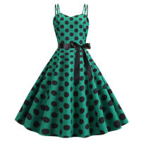 Vestido midi retro de fiesta con estampado de lunares, tirantes finos y cinturón para mujer - details 24