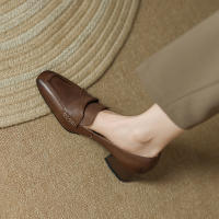 Zapatos pequeños de punta cuadrada estilo francés para mujer, tacón bajo, tacón grueso, zapatos pequeños de cuero - details 2