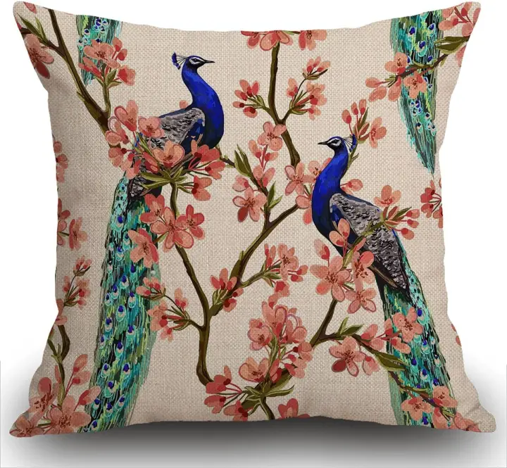 Fundas de Almohada de Almohada de Pavo Real Diseño de Flores Tropicales Japonesas Patrón de Granja - 1