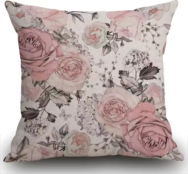 Funda de cojín gris abstracta con flores rosas y hojas sobre acuarela blanca, patrón floral rosa en color pastel, funda de almohada decorativa para decoración del hogar, funda de almohada cuadrada de - 1