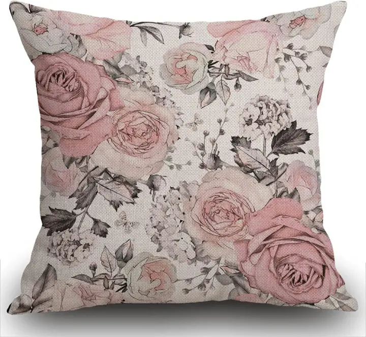 Funda de cojín gris abstracta con flores rosas y hojas sobre acuarela blanca, patrón floral rosa en color pastel, funda de almohada decorativa para decoración del hogar, funda de almohada cuadrada de - 1