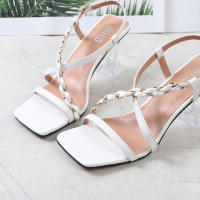 Sandalias de mujer de talla grande, color sólido, estilo trenzado, tacón alto con tiras y punta cuadrada - details 11